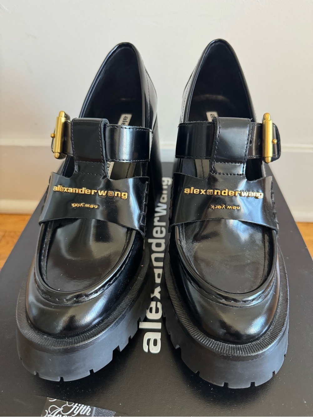 Alexander Wang Black Patent Leather Lug Loafers with Gold Buckle